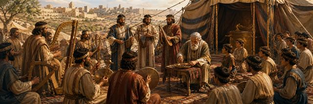 Asaph, Heman, Jeduthun, and trained musicians rehearsing beside the ark’s tent